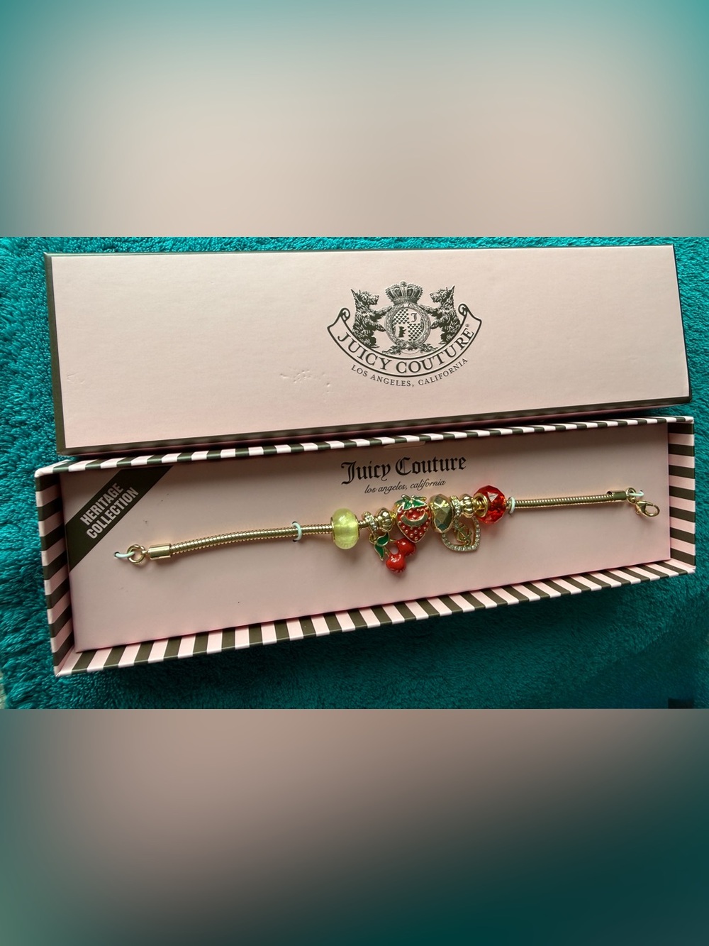 Juicy Couture Heritage Charm Bracelet with Red Green Fruit Charms NEW